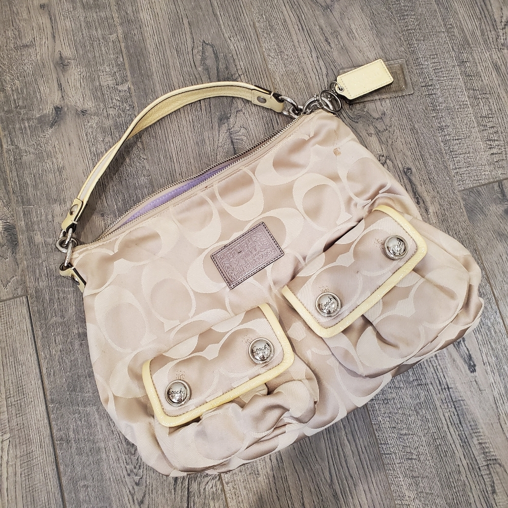 Signature COACH Poppy Hobo Shoulder Bag Khaki Patent Leather
